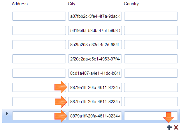 Three added rows generate the same GUID, unlike the five initially loaded rows above them.